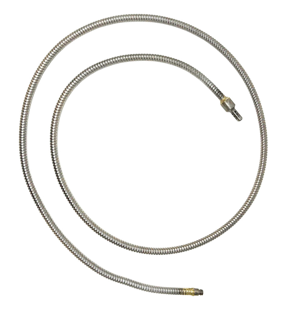 Coiled metal hose with brass fitting on a white background